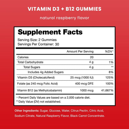 NutraChamps Vitamin D3 & B12, Methyl B12 Gummies für Erwachsene & Kinder, mit Vitamin D3 & B9 Folsäure, Natürliche Energie, Stimmung, Stoffwechsel & Konzentration, Himbeer, 60 Gummis
