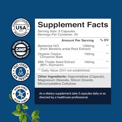 Balancing Berberine Plus 1200 mg pro Portion Komplex – Antioxidans Berberin mit Ceylon-Zimt Kapseln plus Silymarin Mariendistel Extrakt – Aktiver PK für Herzgesundheit und Zuckerunterstützung – 60 Kapseln