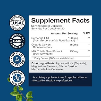 Balancing Berberine Plus 1200 mg pro Portion Komplex – Antioxidans Berberin mit Ceylon-Zimt Kapseln plus Silymarin Mariendistel Extrakt – Aktiver PK für Herzgesundheit und Zuckerunterstützung – 60 Kapseln