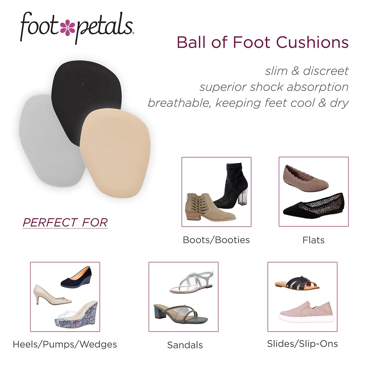 Foot Petals Ball-of-Foot Cushions – Metatarsal-Pad, 3 Paar, Komfort & Schmerzlinderung für Damenabsätze (Schwarz/Silber/Khaki)