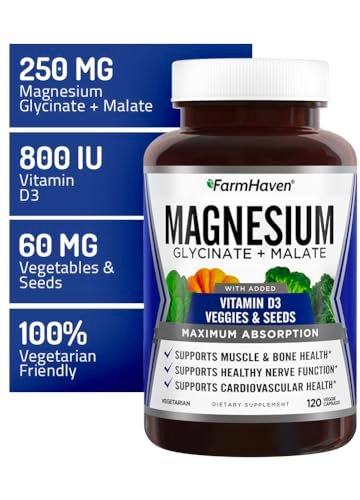 FarmHaven Magnesium Komplex – Magnesiumglycinat & Malat mit Vitamin D3, 100% cheliert für maximale Aufnahme, vegetarisch – für Knochengesundheit, Nerven, Muskeln, 120 Kapseln, 60 Tage