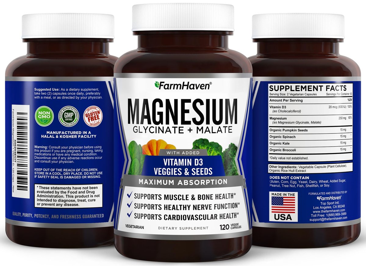 FarmHaven Magnesium Komplex – Magnesiumglycinat & Malat mit Vitamin D3, 100% cheliert für maximale Aufnahme, vegetarisch – für Knochengesundheit, Nerven, Muskeln, 120 Kapseln, 60 Tage