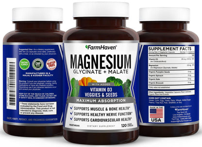 FarmHaven Magnesium Komplex – Magnesiumglycinat & Malat mit Vitamin D3, 100% cheliert für maximale Aufnahme, vegetarisch – für Knochengesundheit, Nerven, Muskeln, 120 Kapseln, 60 Tage