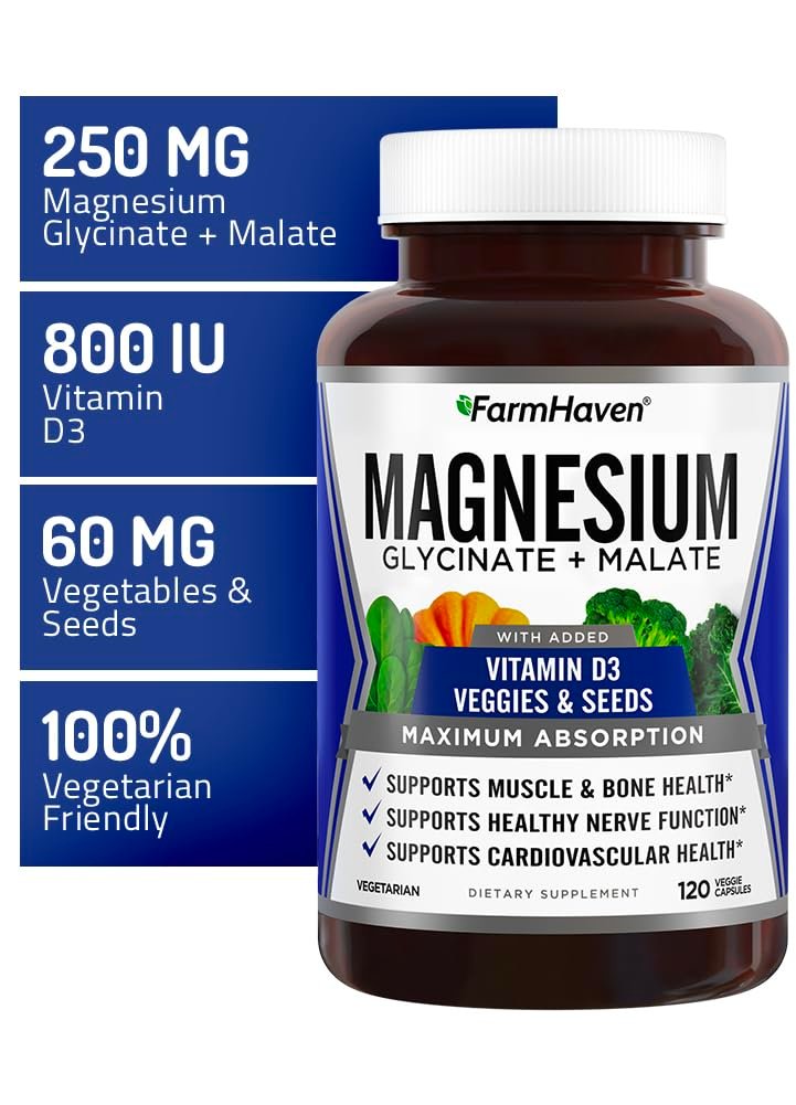 FarmHaven Magnesium Komplex – Magnesiumglycinat & Malat mit Vitamin D3, 100% cheliert für maximale Aufnahme, vegetarisch – für Knochengesundheit, Nerven, Muskeln, 120 Kapseln, 60 Tage