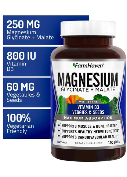 FarmHaven Magnesium Komplex – Magnesiumglycinat & Malat mit Vitamin D3, 100% cheliert für maximale Aufnahme, vegetarisch – für Knochengesundheit, Nerven, Muskeln, 120 Kapseln, 60 Tage