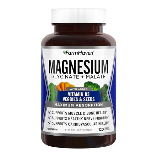 FarmHaven Magnesium Komplex – Magnesiumglycinat & Malat mit Vitamin D3, 100% cheliert für maximale Aufnahme, vegetarisch – für Knochengesundheit, Nerven, Muskeln, 120 Kapseln, 60 Tage