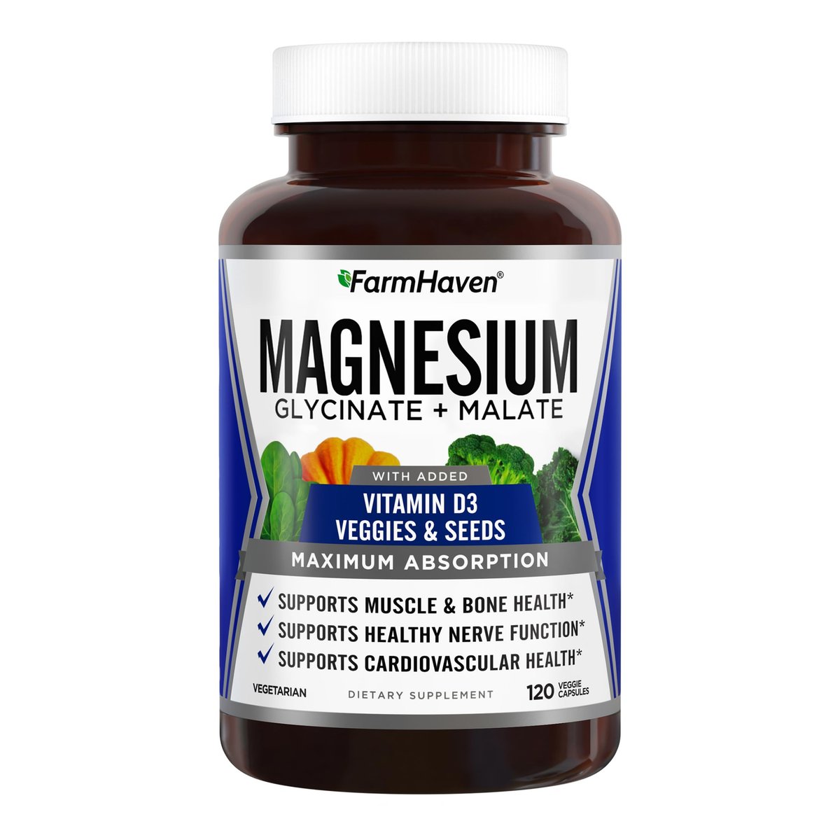 FarmHaven Magnesium Komplex – Magnesiumglycinat & Malat mit Vitamin D3, 100% cheliert für maximale Aufnahme, vegetarisch – für Knochengesundheit, Nerven, Muskeln, 120 Kapseln, 60 Tage