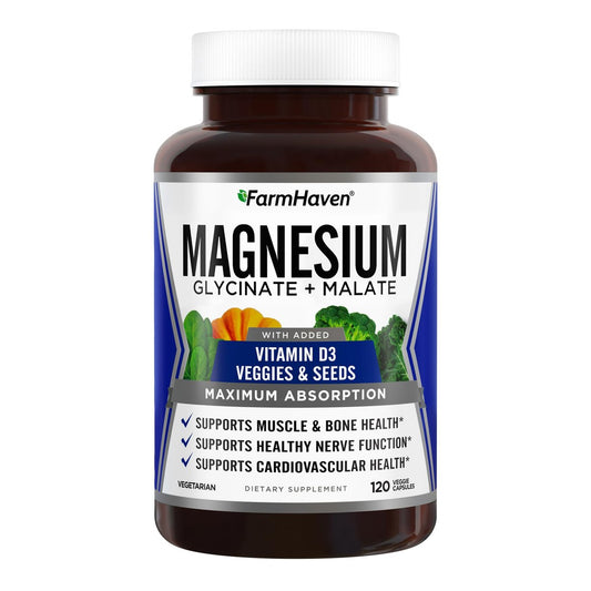 FarmHaven Magnesium Komplex – Magnesiumglycinat & Malat mit Vitamin D3, 100% cheliert für maximale Aufnahme, vegetarisch – für Knochengesundheit, Nerven, Muskeln, 120 Kapseln, 60 Tage