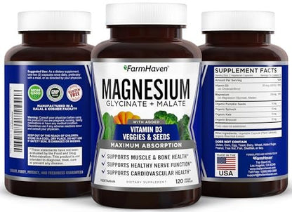 FarmHaven Magnesium Komplex – Magnesiumglycinat & Malat mit Vitamin D3, 100% cheliert für maximale Aufnahme, vegetarisch – für Knochengesundheit, Nerven, Muskeln, 120 Kapseln, 60 Tage