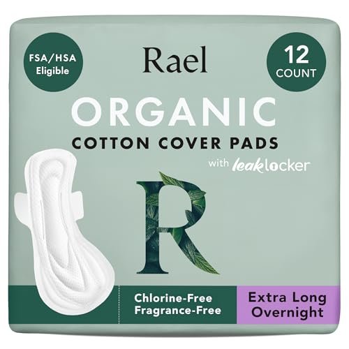 Rael Damenbinden für Frauen, Bio-Baumwollbezug – Periodenbinden mit Flügeln, Damenhygiene, Damenbinden, Ultimative Saugfähigkeit, Wochenbett, Ungeduftet, Extradünn (Extra lang für die Nacht, 12 Stück)