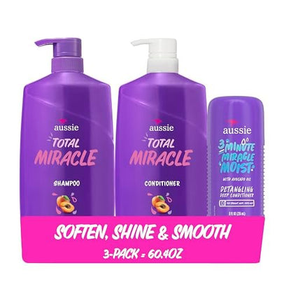 Aussie Total Miracle Haarpflege-Set: Shampoo, Conditioner und 3 Minuten Tiefenbehandlung mit Aprikosen- & Macadamianussöl, parabenfrei für geschädigtes Haar, 26,2 und 8 Fl Oz