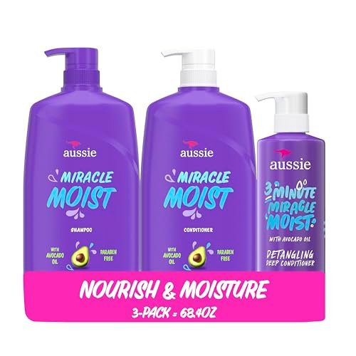 Aussie Miracle Moist Shampoo, Conditioner & 3 Minute Miracle Deep Conditioner Set mit Avocado & Jojobaöl, parabenfrei, feuchtigkeitsspendend, für alle Haartypen, 3er-Pack 68,4 Fl Oz