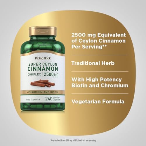 Piping Rock Super Ceylon Zimt Komplex Kapseln | 240 Kapseln | Mit Chrom und Biotin | Vegetarisch, Non-GMO, Glutenfrei