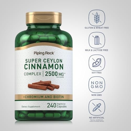 Piping Rock Super Ceylon Zimt Komplex Kapseln | 240 Kapseln | Mit Chrom und Biotin | Vegetarisch, Non-GMO, Glutenfrei