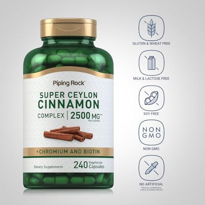 Piping Rock Super Ceylon Zimt Komplex Kapseln | 240 Kapseln | Mit Chrom und Biotin | Vegetarisch, Non-GMO, Glutenfrei