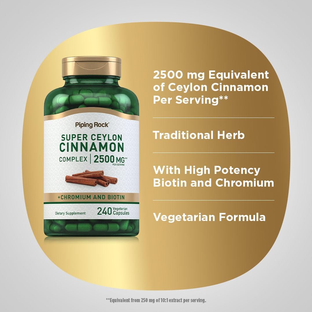 Piping Rock Super Ceylon Zimt Komplex Kapseln | 240 Kapseln | Mit Chrom und Biotin | Vegetarisch, Non-GMO, Glutenfrei
