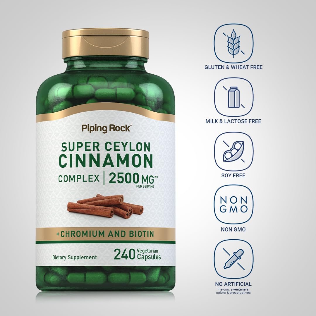Piping Rock Super Ceylon Zimt Komplex Kapseln | 240 Kapseln | Mit Chrom und Biotin | Vegetarisch, Non-GMO, Glutenfrei