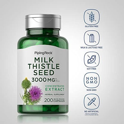 Piping Rock Mariendistel Kapseln | 200 Kapseln | Konzentrierter Kräuterextrakt | Non-GMO, Glutenfrei