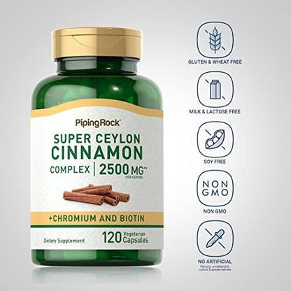 Piping Rock Ceylon-Zimt Kapseln | 120 Kapseln | Komplex mit Chrom und Biotin | Vegetarisch, Nicht-GVO, Glutenfrei
