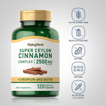 Piping Rock Ceylon-Zimt Kapseln | 120 Kapseln | Komplex mit Chrom und Biotin | Vegetarisch, Nicht-GVO, Glutenfrei