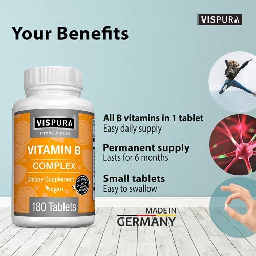 VISPURA Vitamin B-Komplex, 180 vegane Tabletten, alle B-Vitamine inkl. B12, B1, B2, B3, B5, B6, B7, B9, Folsäure, für Stress, Energie und gesundes Immunsystem*, natürliches Nahrungsergänzungsmittel ohne Zusatzstoffe