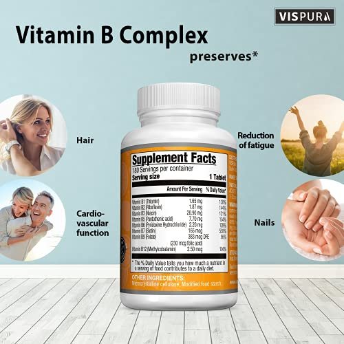 VISPURA Vitamin B-Komplex, 180 vegane Tabletten, alle B-Vitamine inkl. B12, B1, B2, B3, B5, B6, B7, B9, Folsäure, für Stress, Energie und gesundes Immunsystem*, natürliches Nahrungsergänzungsmittel ohne Zusatzstoffe