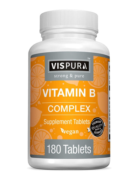 VISPURA Vitamin B-Komplex, 180 vegane Tabletten, alle B-Vitamine inkl. B12, B1, B2, B3, B5, B6, B7, B9, Folsäure, für Stress, Energie und gesundes Immunsystem*, natürliches Nahrungsergänzungsmittel ohne Zusatzstoffe