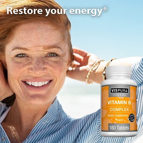 VISPURA Vitamin B-Komplex, 180 vegane Tabletten, alle B-Vitamine inkl. B12, B1, B2, B3, B5, B6, B7, B9, Folsäure, für Stress, Energie und gesundes Immunsystem*, natürliches Nahrungsergänzungsmittel ohne Zusatzstoffe