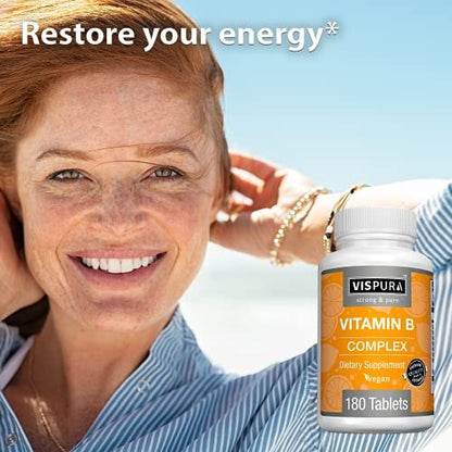 VISPURA Vitamin B-Komplex, 180 vegane Tabletten, alle B-Vitamine inkl. B12, B1, B2, B3, B5, B6, B7, B9, Folsäure, für Stress, Energie und gesundes Immunsystem*, natürliches Nahrungsergänzungsmittel ohne Zusatzstoffe