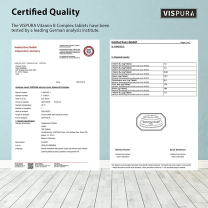 VISPURA Vitamin B-Komplex, 180 vegane Tabletten, alle B-Vitamine inkl. B12, B1, B2, B3, B5, B6, B7, B9, Folsäure, für Stress, Energie und gesundes Immunsystem*, natürliches Nahrungsergänzungsmittel ohne Zusatzstoffe