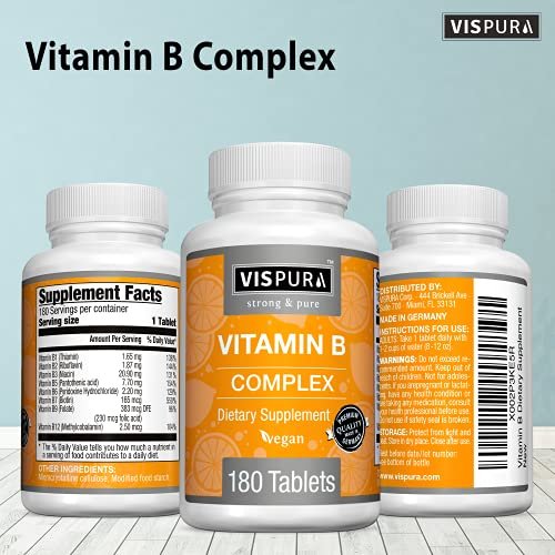 VISPURA Vitamin B-Komplex, 180 vegane Tabletten, alle B-Vitamine inkl. B12, B1, B2, B3, B5, B6, B7, B9, Folsäure, für Stress, Energie und gesundes Immunsystem*, natürliches Nahrungsergänzungsmittel ohne Zusatzstoffe