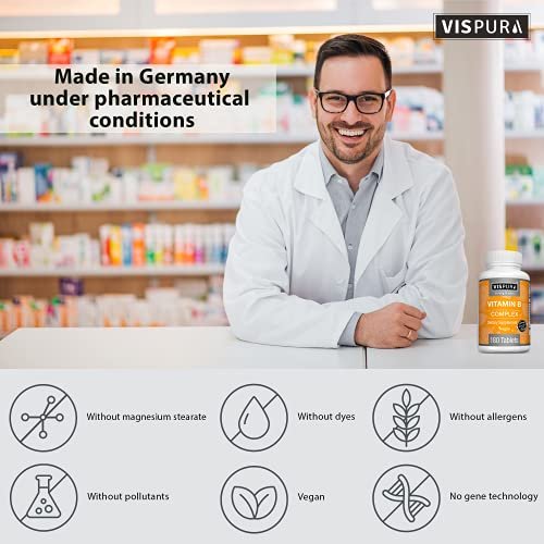 VISPURA Vitamin B-Komplex, 180 vegane Tabletten, alle B-Vitamine inkl. B12, B1, B2, B3, B5, B6, B7, B9, Folsäure, für Stress, Energie und gesundes Immunsystem*, natürliches Nahrungsergänzungsmittel ohne Zusatzstoffe
