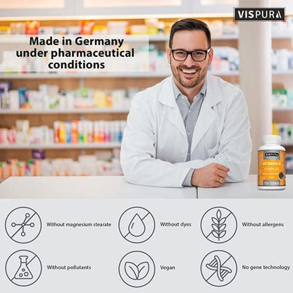 VISPURA Vitamin B-Komplex, 180 vegane Tabletten, alle B-Vitamine inkl. B12, B1, B2, B3, B5, B6, B7, B9, Folsäure, für Stress, Energie und gesundes Immunsystem*, natürliches Nahrungsergänzungsmittel ohne Zusatzstoffe