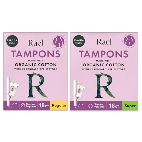 Rael Tampons mit Karton-Applikator, aus Bio-Baumwolle, Multipack, Regular & Super Saugstärke, unparfümiert, verbesserter Griff, biologisch abbaubar, chlorfrei (36 Stück, Bundle)