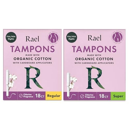 Rael Tampons mit Karton-Applikator, aus Bio-Baumwolle, Multipack, Regular & Super Saugstärke, unparfümiert, verbesserter Griff, biologisch abbaubar, chlorfrei (36 Stück, Bundle)