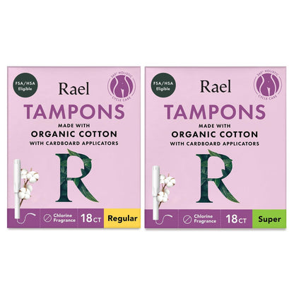 Rael Tampons mit Karton-Applikator, aus Bio-Baumwolle, Multipack, Regular & Super Saugstärke, unparfümiert, verbesserter Griff, biologisch abbaubar, chlorfrei (36 Stück, Bundle)