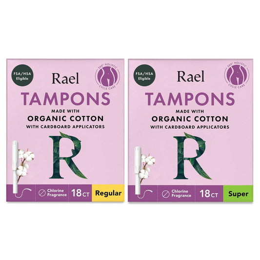 Rael Tampons mit Karton-Applikator, aus Bio-Baumwolle, Multipack, Regular & Super Saugstärke, unparfümiert, verbesserter Griff, biologisch abbaubar, chlorfrei (36 Stück, Bundle)
