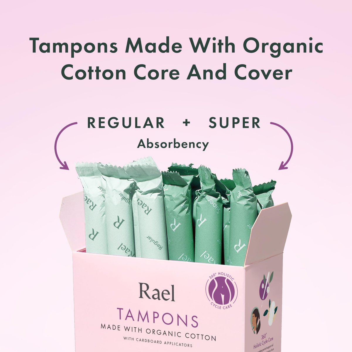 Rael Tampons mit Karton-Applikator, aus Bio-Baumwolle, Multipack, Regular & Super Saugstärke, unparfümiert, verbesserter Griff, biologisch abbaubar, chlorfrei (36 Stück, Bundle)