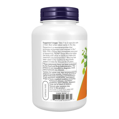NOW Foods Nahrungsergänzungsmittel, DOPA Mucuna, standardisierter Mucuna-Extrakt mit natürlich vorkommenden 15% L-Dopa, 180 vegane Kapseln