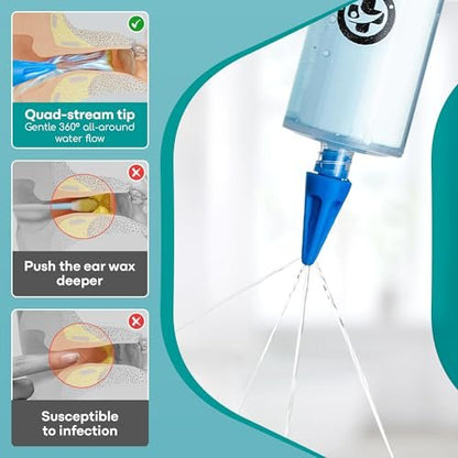 Medi Grade Ohrenspritze Ohrkerzen Entfernungsset mit 3 Quad-Stream Aufsätzen - Ohrspülungssystem - Ohrenschmalzreiniger für verbesserte Hörklarheit und Ohrenhygiene - Große Ohrenspritze - 60 ml