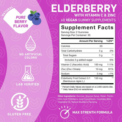 PUREFINITY Holunderbeeren Gummibärchen mit Sambucus, Vitamin C und Zink – Ihr perfektes tägliches 3-in-1 Nahrungsergänzungsmittel für Kinder & Erwachsene – Glutenfrei, Nicht-GVO, Vegan, 60 Stück