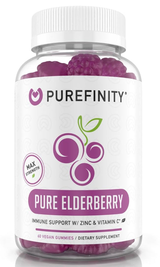 PUREFINITY Holunderbeeren Gummibärchen mit Sambucus, Vitamin C und Zink – Ihr perfektes tägliches 3-in-1 Nahrungsergänzungsmittel für Kinder & Erwachsene – Glutenfrei, Nicht-GVO, Vegan, 60 Stück