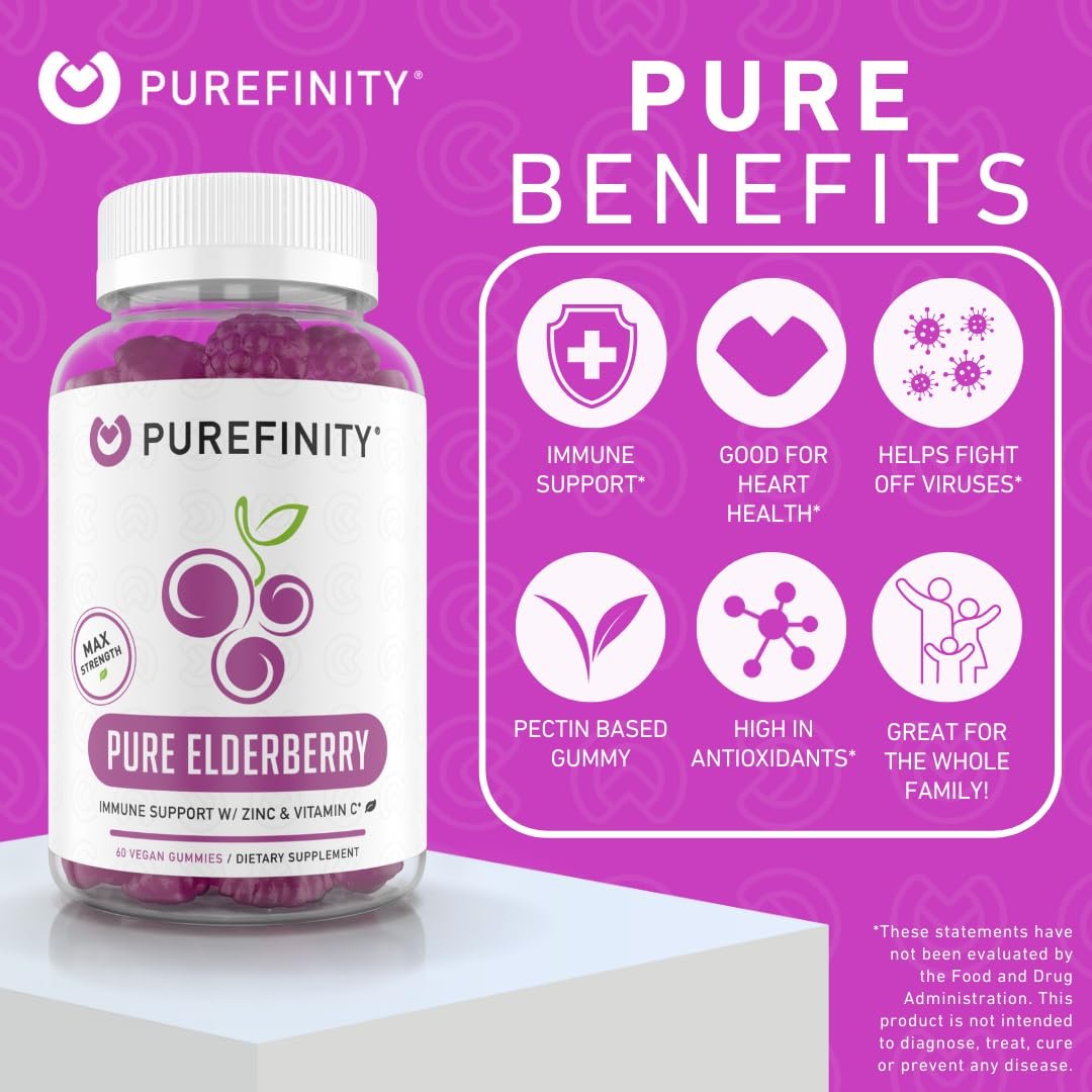 PUREFINITY Holunderbeeren Gummibärchen mit Sambucus, Vitamin C und Zink – Ihr perfektes tägliches 3-in-1 Nahrungsergänzungsmittel für Kinder & Erwachsene – Glutenfrei, Nicht-GVO, Vegan, 60 Stück