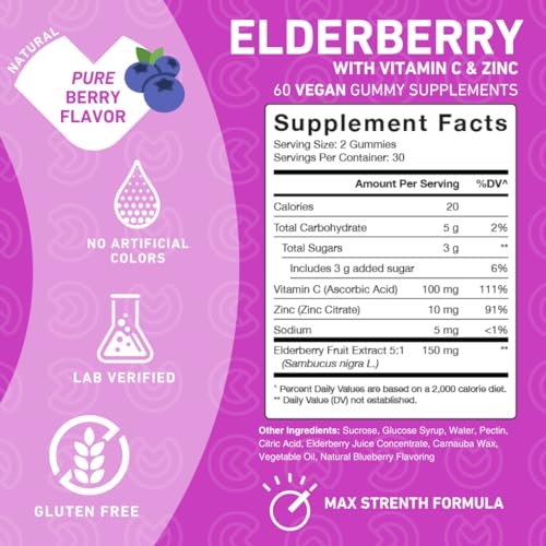 PUREFINITY Holunderbeeren Gummibärchen mit Sambucus, Vitamin C und Zink – Ihr perfektes tägliches 3-in-1 Nahrungsergänzungsmittel für Kinder & Erwachsene – Glutenfrei, Nicht-GVO, Vegan, 60 Stück