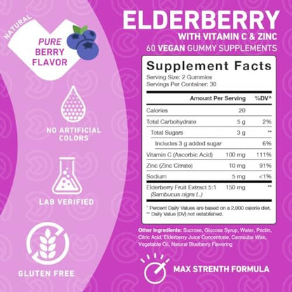 PUREFINITY Holunderbeeren Gummibärchen mit Sambucus, Vitamin C und Zink – Ihr perfektes tägliches 3-in-1 Nahrungsergänzungsmittel für Kinder & Erwachsene – Glutenfrei, Nicht-GVO, Vegan, 60 Stück