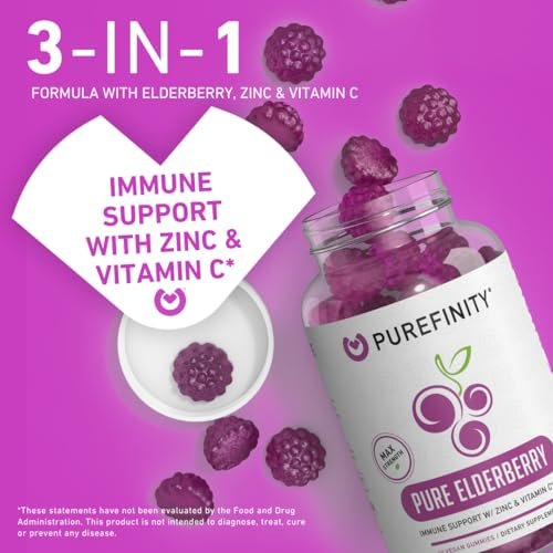 PUREFINITY Holunderbeeren Gummibärchen mit Sambucus, Vitamin C und Zink – Ihr perfektes tägliches 3-in-1 Nahrungsergänzungsmittel für Kinder & Erwachsene – Glutenfrei, Nicht-GVO, Vegan, 60 Stück