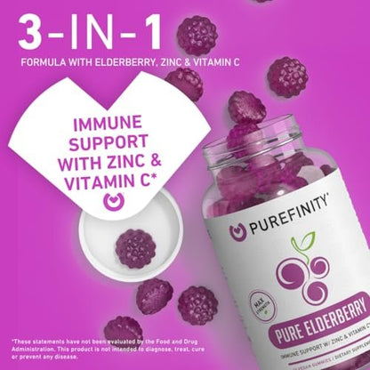 PUREFINITY Holunderbeeren Gummibärchen mit Sambucus, Vitamin C und Zink – Ihr perfektes tägliches 3-in-1 Nahrungsergänzungsmittel für Kinder & Erwachsene – Glutenfrei, Nicht-GVO, Vegan, 60 Stück