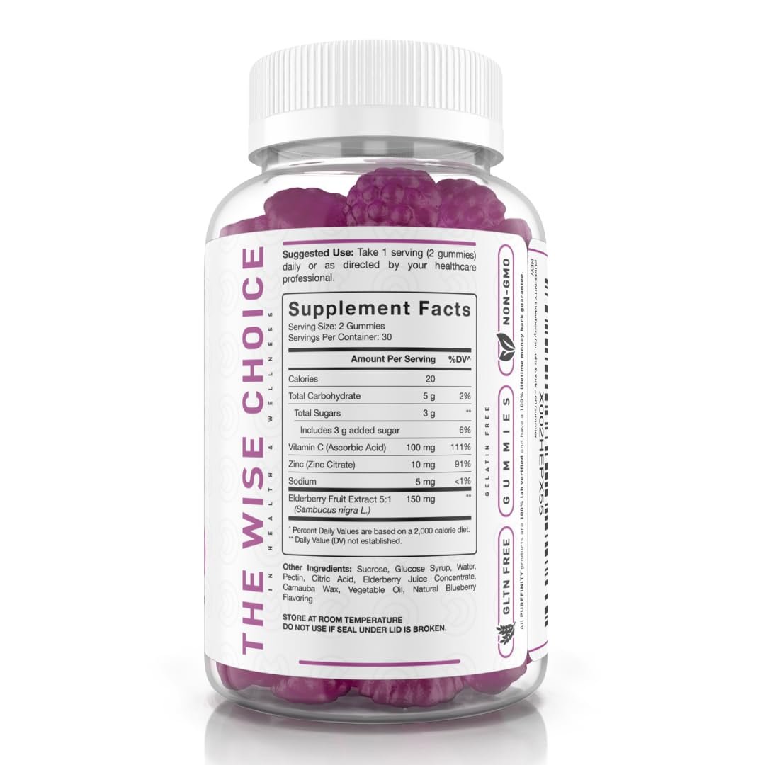PUREFINITY Holunderbeeren Gummibärchen mit Sambucus, Vitamin C und Zink – Ihr perfektes tägliches 3-in-1 Nahrungsergänzungsmittel für Kinder & Erwachsene – Glutenfrei, Nicht-GVO, Vegan, 60 Stück