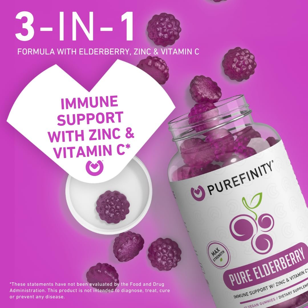 PUREFINITY Holunderbeeren Gummibärchen mit Sambucus, Vitamin C und Zink – Ihr perfektes tägliches 3-in-1 Nahrungsergänzungsmittel für Kinder & Erwachsene – Glutenfrei, Nicht-GVO, Vegan, 60 Stück