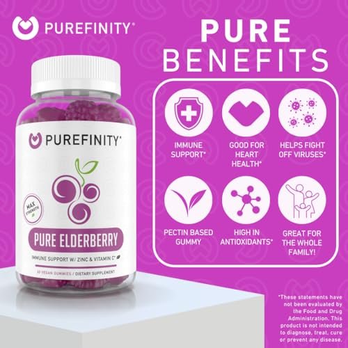 PUREFINITY Holunderbeeren Gummibärchen mit Sambucus, Vitamin C und Zink – Ihr perfektes tägliches 3-in-1 Nahrungsergänzungsmittel für Kinder & Erwachsene – Glutenfrei, Nicht-GVO, Vegan, 60 Stück